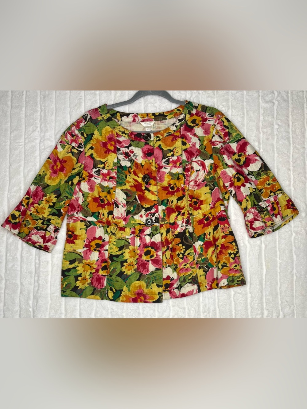 Floral Peplum Jacket Large 100% Cotton Tiered Bell Sleeve Artsy Boho